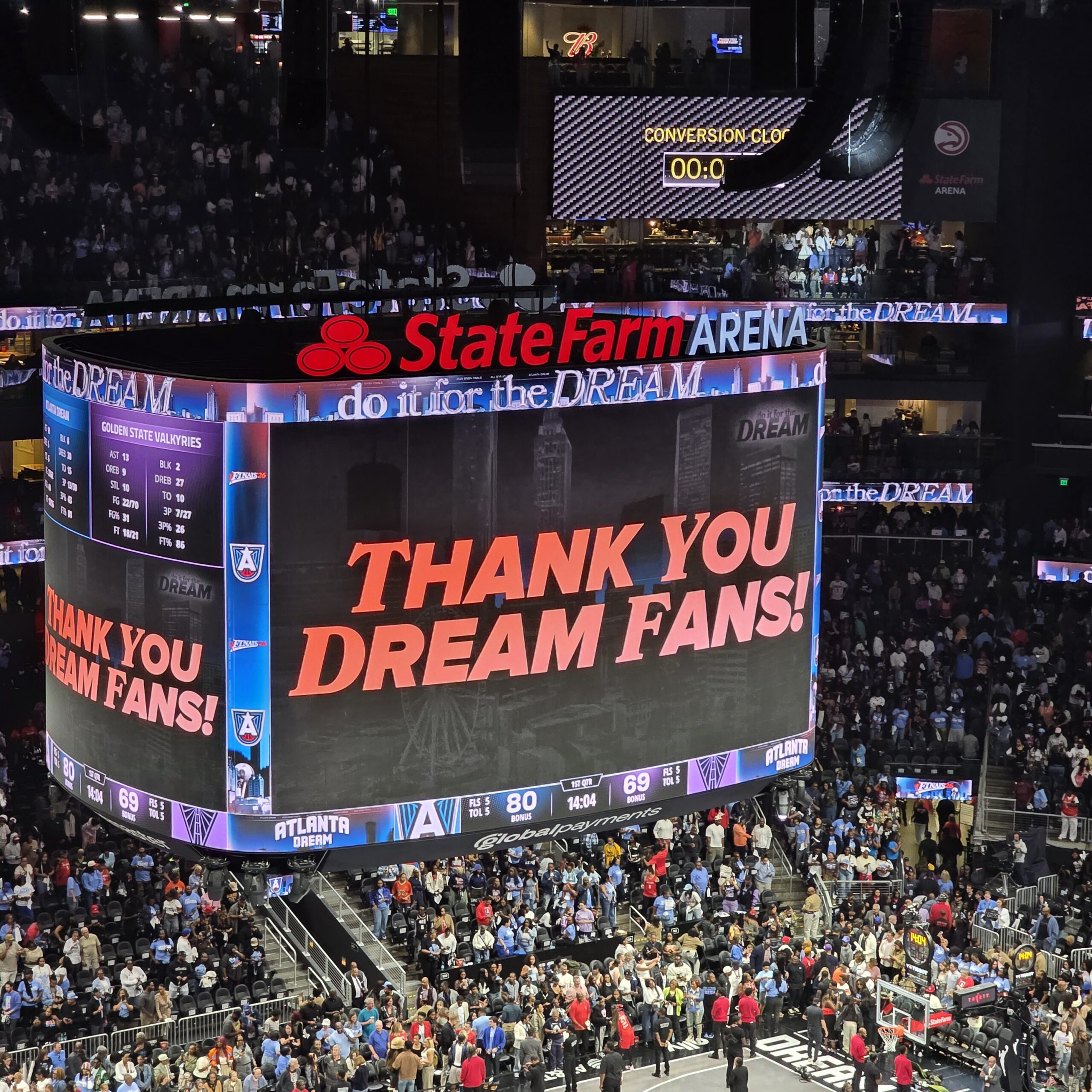 Thank You Dream Fans on the State Farm Arena video board after Game 6 of the WNBA Finals